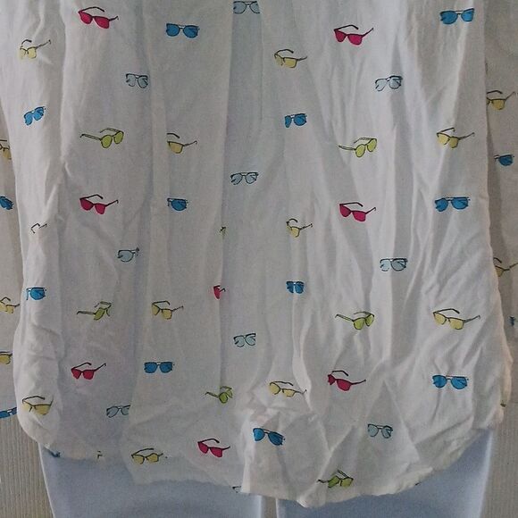 Jane and Delancey white multicolor sunglass print button down blouse Sz L - Picture 5 of 8